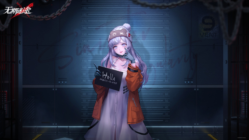 1girl :p against_wall bare_shoulders beanie chain character_name copyright_name cowboy_shot dress eyelid_pull gloves grey_gloves hands_up hat height_mark hella_(path_to_nowhere) highres holding holding_sign index_finger_raised indoors jacket logo long_hair looking_at_viewer mugshot off_shoulder official_art official_wallpaper open_clothes open_jacket orange_jacket path_to_nowhere pom_pom_(clothes) pom_pom_beanie prison_cell prison_clothes purple_eyes purple_hair sign sleeveless sleeveless_dress solo tongue tongue_out white_dress white_headwear
