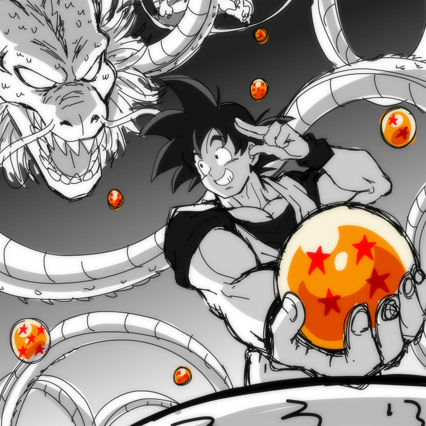 1boy dougi dragon dragon_ball dragon_ball_(object) dragon_ball_z english_commentary highres holding_dragon_ball lewdamone looking_at_another male_focus muscular muscular_male partially_colored sharp_teeth shenron_(dragon_ball) shirt smile son_goku spiked_hair teeth upper_body