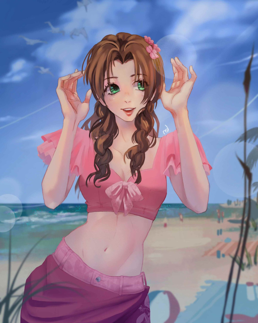 1girl aerith_gainsborough aerith_gainsborough_(floral_delight) beach blurry blurry_background blurry_foreground breasts brown_hair cleavage cloud_strife crop_top final_fantasy final_fantasy_vii final_fantasy_vii_rebirth final_fantasy_vii_remake flower frilled_sleeves frills grass green_eyes groin hair_flower hair_ornament hands_up highres long_hair looking_to_the_side medium_breasts midriff navel official_alternate_costume open_mouth outdoors parted_bangs pink_flower pink_shirt pink_skirt raven_daze shirt sidelocks skirt smile solo