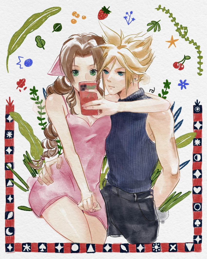 1boy 1girl aerith_gainsborough arm_around_neck arm_around_waist arm_behind_back black_pants blonde_hair blue_eyes blue_shirt braid braided_ponytail breasts cleavage cloud_strife couple cowboy_shot cropped_legs dress earrings final_fantasy final_fantasy_vii final_fantasy_vii_rebirth final_fantasy_vii_remake green_eyes hair_ribbon hand_on_another's_hip hetero highres holding holding_phone jewelry long_sleeves looking_at_phone medium_breasts pants parted_bangs phone pink_dress pink_ribbon raven_daze ribbon shirt short_dress short_hair sidelocks single_braid single_earring sleeveless sleeveless_dress sleeveless_turtleneck spiked_hair turtleneck