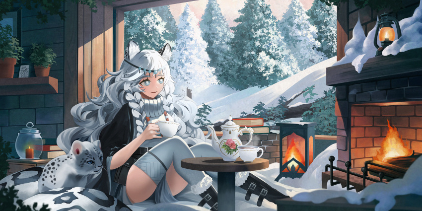 1girl animal animal_ear_fluff animal_ears arknights aseity belt blue_eyes book book_stack boots braid bright_pupils candle creature_and_personification cup day drink fire fireplace full_body head_chain highres holding holding_cup indoors knees_up long_hair looking_outside parted_lips plant potted_plant pramanix_(arknights) side_braids sitting skirt smile snow snow_leopard snow_leopard_ears snow_leopard_girl snow_leopard_tail spotted_tail steam sweater table tail teacup teapot thighhighs twin_braids very_long_hair white_hair white_pupils wide_sleeves zettai_ryouiki