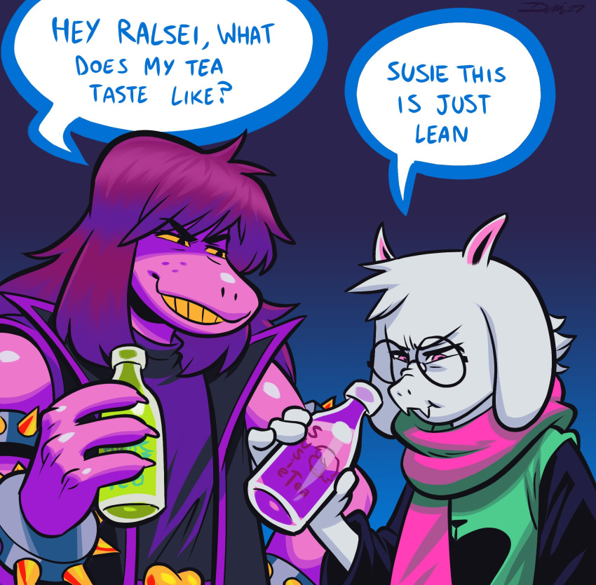 2022 angusburgers anthro armband beverage blue_background bottle bovid bracelet caprine claws cloak clothed clothing darkner deltarune dialogue drugs duo english_text eyebrows eyewear female fur glasses goat gradient_background hair hi_res holding_bottle holding_object horn humor jacket jewelry lean_(beverage) male mammal narrowed_eyes ralsei reptile scalie scarf simple_background sleeveless smile spiked_armband spiked_bracelet spikes susie_(deltarune) teeth text topwear tuft undertale_(series) video_games