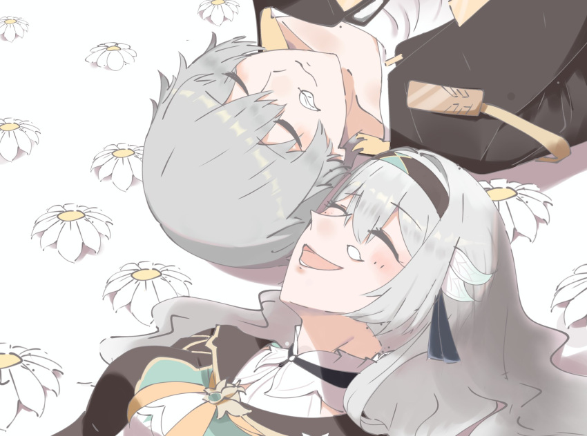 1boy 1girl caelus_(honkai:_star_rail) closed_eyes daisy firefly_(honkai:_star_rail) flower grey_hair hair_between_eyes hair_ornament hairband highres honkai:_star_rail honkai_(series) jacket kurisu1904 leaf leaf_on_face neckerchief orange_neckerchief sailor_collar simple_background trailblazer_(honkai:_star_rail)