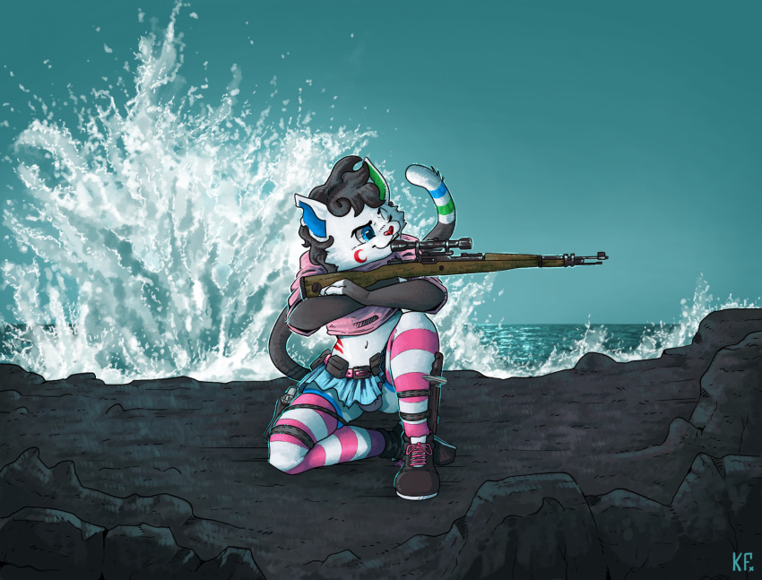 anthro belly bottomwear bulge bulletproof_vest clothing domestic_cat felid feline felis footwear gesture girly gradient_background gun hand_gesture hi_res katxfish male mammal navel one_eye_closed panties pointing ranged_weapon rifle sea shoes simple_background skirt sneakers solo tail underwear water wave weapon