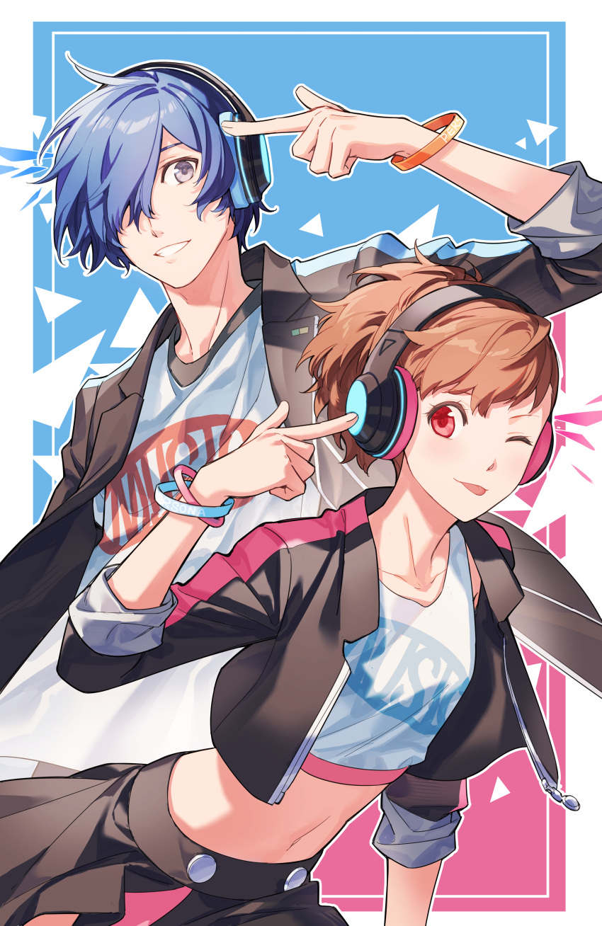 1boy 1girl ;p absurdres alternate_costume black_jacket black_skirt blue_background blue_hair border bracelet brown_hair clothes_writing collarbone cropped_jacket finger_gun finger_gun_to_head grey_eyes grin hair_over_one_eye headphones highres index_finger_raised jacket jewelry looking_at_viewer midriff navel official_alternate_costume one_eye_closed one_eye_covered open_clothes open_jacket outline outside_border persona persona_3 persona_3:_dancing_moon_night persona_3_portable persona_dancing pink_background pointing pointing_at_self red_eyes shiomi_kotone shirt short_hair simple_background skirt smile tongue tongue_out tsubsa_syaoin two-tone_background white_border white_outline white_shirt yuuki_makoto_(persona_3)