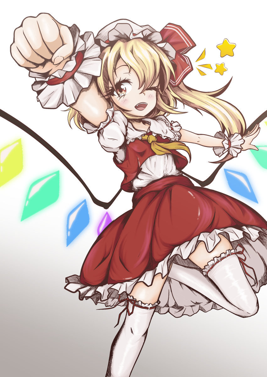 1girl absurdres ascot blonde_hair collared_shirt el_genso feet_out_of_frame flandre_scarlet foreshortening frilled_shirt_collar frilled_skirt frilled_thighhighs frills gradient_background hat highres long_hair looking_at_viewer mob_cap multicolored_wings one_eye_closed open_mouth orange_eyes puffy_short_sleeves puffy_sleeves red_ribbon red_skirt red_vest ribbon ribbon-trimmed_sleeves ribbon-trimmed_thighhighs ribbon_trim shirt short_sleeves simple_background skirt solo teeth thighhighs touhou upper_teeth_only vest white_background white_headwear white_shirt white_thighhighs wings wrist_cuffs yellow_ascot