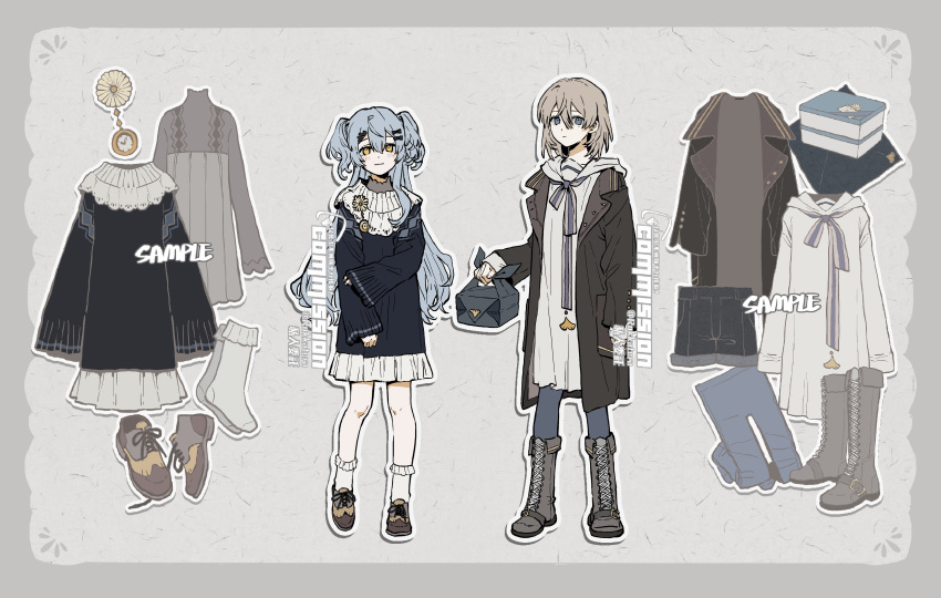 2girls absurdres artist_name bag bare_legs black_coat blue_eyes blue_hair book boots border bow box brown_footwear brown_hair chinese_commentary chinese_text closed_mouth coat commission cross-laced_footwear dress fashion frilled_socks frills full_body grey_background grey_border grey_hair highres holding holding_box jacket leggings long_hair long_sleeves looking_at_viewer multiple_girls original outline pantyhose pocket_watch ribbon rokkatera sailor_collar sample_watermark shoes short_hair sleeves_past_wrists socks sweater two_side_up unworn_clothes unworn_shoes unworn_socks watch watermark white_dress white_outline white_sailor_collar white_socks yellow_eyes