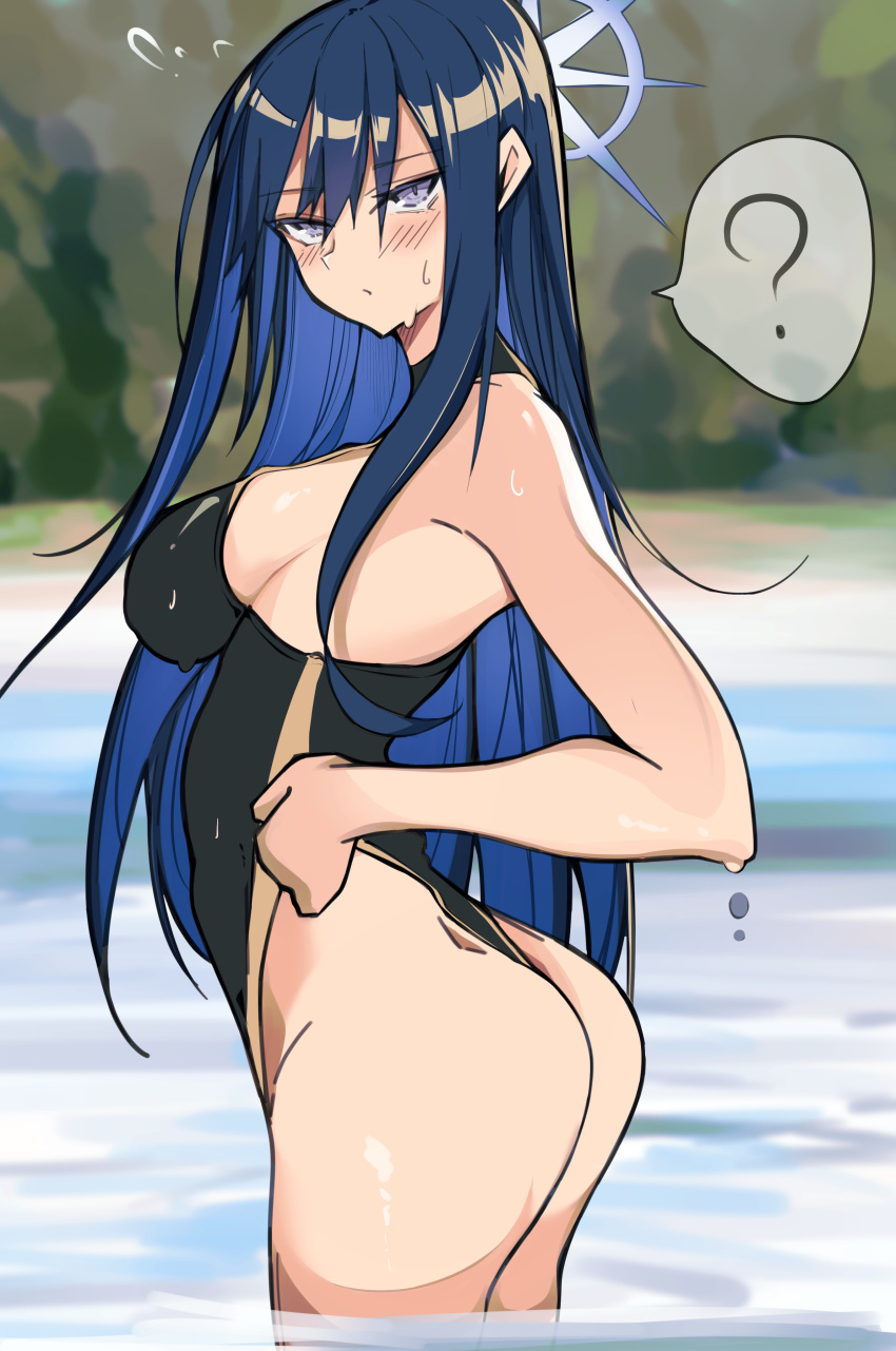 1girl ? absurdres ass blue_archive blue_eyes blue_hair blue_halo blush colored_inner_hair competition_swimsuit gambaru_unagi halo highleg highres multicolored_hair one-piece_swimsuit saori_(blue_archive) sleeveless sleeveless_turtleneck solo speech_bubble swimsuit tan turtleneck wedgie