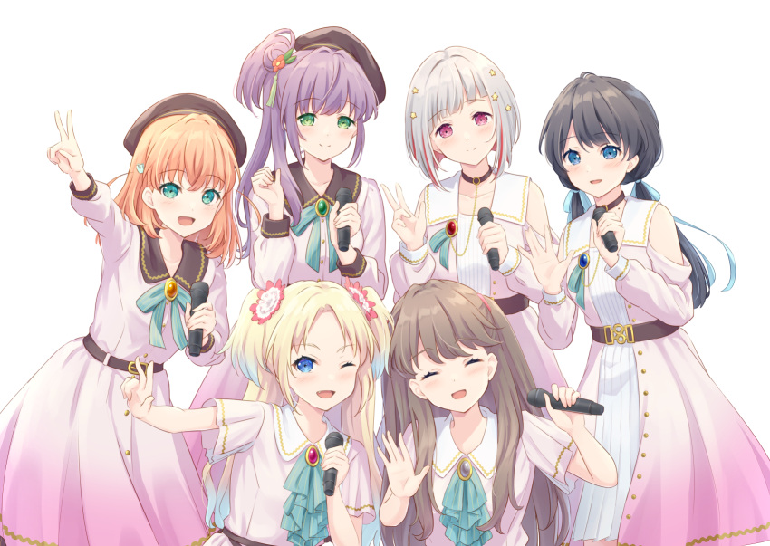 6+girls :d \||/ aqua_ascot aqua_bow aqua_bowtie aqua_eyes ascot belt beret black_belt black_headwear blonde_hair blue_eyes blue_hair blunt_bangs bow bowtie brown_hair choker closed_eyes closed_mouth clothing_cutout collarbone colored_inner_hair commentary_request crossed_bangs dark_blue_hair dream_believers_(love_live!) dress fang flower fujishima_megumi gradient_hair green_eyes hair_bun hair_flower hair_ornament hat highres hinoshita_kaho holding holding_microphone light_blue_hair link!_like!_love_live! long_hair long_sleeves looking_at_viewer love_live! low_twintails medium_hair microphone mole mole_on_neck multicolored_hair multiple_girls murano_sayaka o-ring o-ring_choker one_eye_closed open_mouth orange_hair osawa_rurino otomune_kozue parted_bangs pink_dress purple_hair rabbit_hair_ornament red_eyes red_hair short_hair shoulder_cutout side_ahoge side_ponytail sidelocks simple_background single_side_bun smile soramizuki star_(symbol) star_hair_ornament streaked_hair striped_bow striped_bowtie striped_clothes swept_bangs twintails two-tone_hair two_side_up upper_body v w waving white_background white_flower white_hair yugiri_tsuzuri