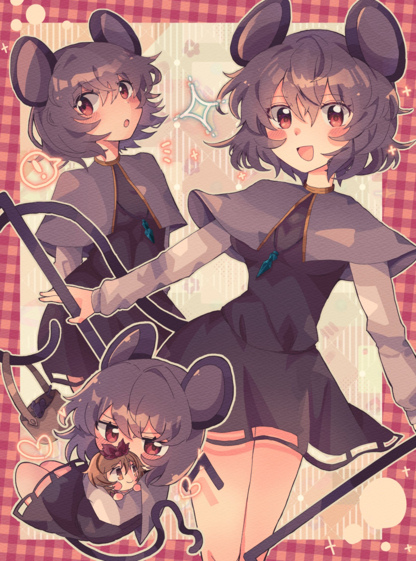 ! 2girls animal_ears bag basket black_dress blush breasts capelet dowsing_rod dress grey_capelet grey_hair highres holding jewelry large_breasts long_sleeves mini_person minigirl mouse_ears mouse_girl mouse_tail multiple_girls multiple_views nazrin open_mouth pendant red_eyes short_hair simple_background sparkle tail toramaru_shou touhou yukikaze2828