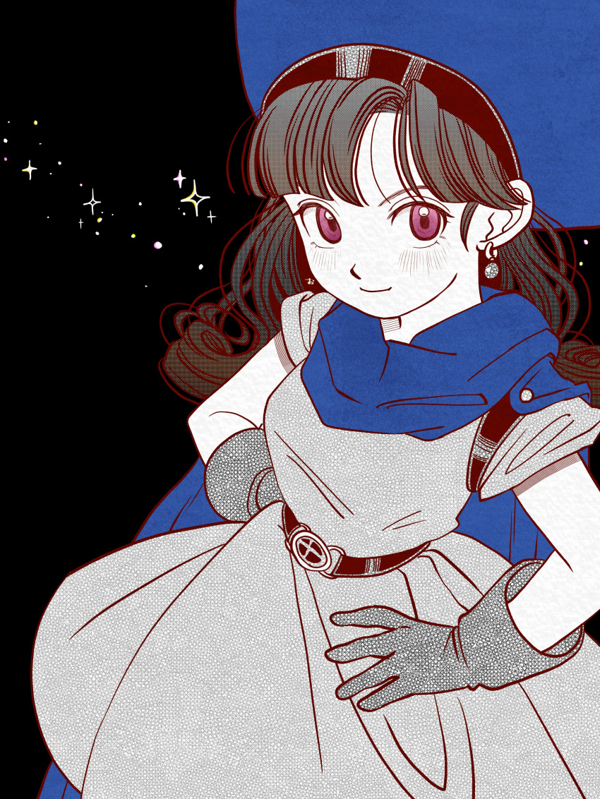 1girl absurdres alena_(dq4) belt blue_cape blue_headwear blush cape curly_hair dragon_quest dragon_quest_iv dress earrings gloves highres jewelry long_hair looking_at_viewer monochrome okita_(sukult_4) purple_eyes smile solo spot_color