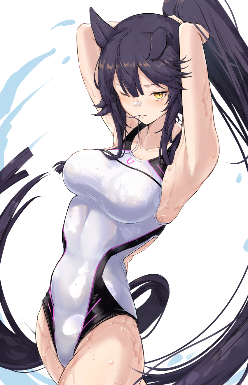 1girl absurdres alternate_costume animal_ears armpits arms_up bandaid bandaid_on_face bandaid_on_nose black_hair breasts commentary_request competition_swimsuit cowboy_shot ears_down hair_between_eyes high_ponytail highleg highleg_swimsuit highres horse_ears horse_girl horse_tail kodoneri_(user_quk1118) large_breasts long_hair mouth_hold narita_brian_(umamusume) one-piece_swimsuit one_eye_closed ponytail simple_background smile solo swimsuit tail umamusume wet wet_clothes wet_swimsuit white_background white_one-piece_swimsuit yellow_eyes