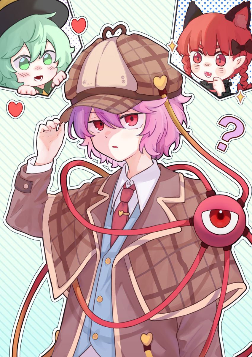 3girls :d ? absurdres adjusting_clothes adjusting_headwear animal_ear_fluff animal_ears black_bow black_headwear blue_vest blush bow braid brown_coat brown_headwear buttons cat_ears coat collared_shirt commentary deerstalker extra_ears fangs green_eyes green_hair hair_between_eyes hair_bow hand_up hat hat_ornament heart heart_hat_ornament highres kaenbyou_rin komeiji_koishi komeiji_satori layered_sleeves long_sleeves looking_at_viewer multiple_girls necktie open_clothes open_coat open_mouth parted_lips pink_hair red_eyes red_hair red_necktie shirt short_hair smile sparkle teeth third_eye touhou twin_braids vest white_shirt yimudesu