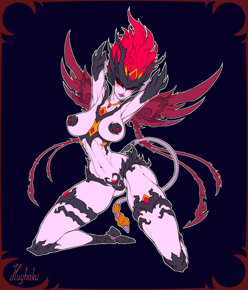 big_breasts black_sclera blue_background blush blush_lines breasts demon demon_humanoid eyelashes female fire flaming_hair hair hands_behind_head hi_res himokone humanoid jewelry kneeling looking_at_viewer navel navel_piercing necklace pasties piercing pink_body pink_skin pseudo_hair red_eyes red_hair simple_background solo tail tailed_humanoid thick_thighs wide_hips winged_humanoid wings