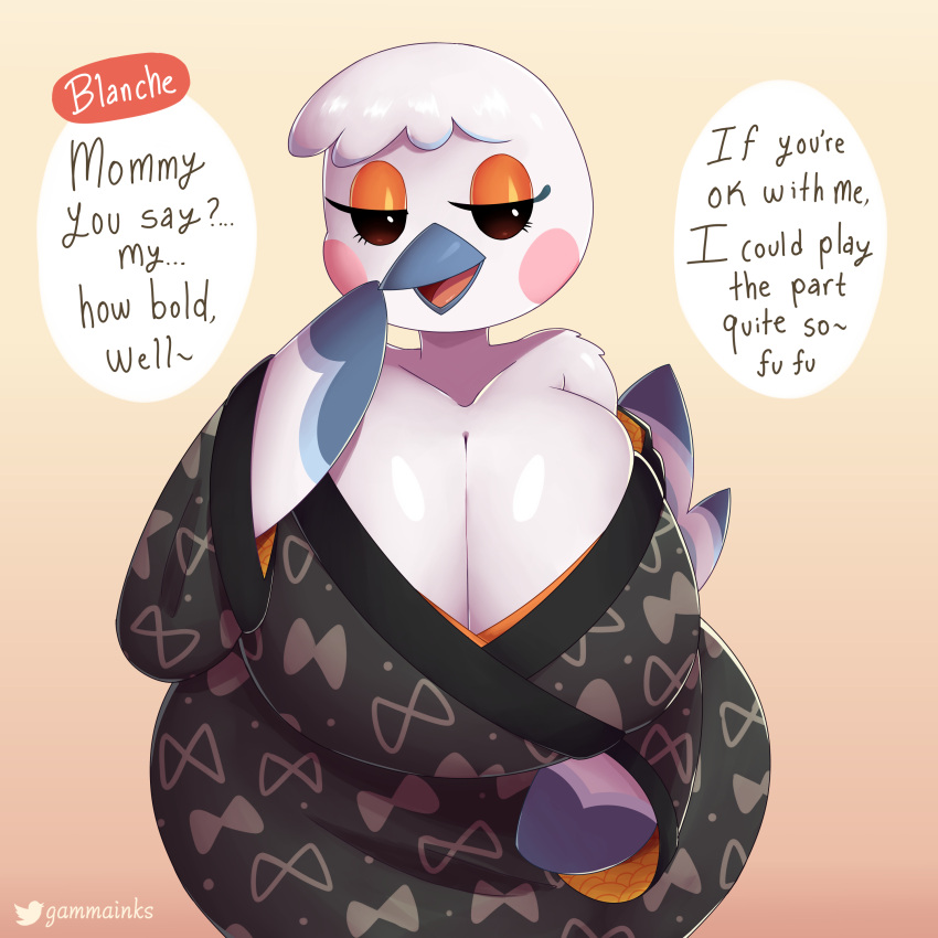 1:1 2022 absurd_res animal_crossing anthro avian beak blanche_(animal_crossing) clothed clothing dialogue digital_media_(artwork) english_text female gammainks hi_res looking_at_viewer nintendo open_beak open_mouth simple_background solo text video_games