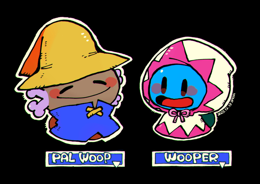 black_background black_mage_(final_fantasy) black_mage_(final_fantasy)_(cosplay) blue_robe blue_skin character_name closed_eyes closed_mouth colored_skin commentary_request cosplay dark_skin final_fantasy final_fantasy_i highres hooded_robe large_hat no_humans open_mouth paldean_wooper pokemon pokemon_(creature) robe saba_hokke simple_background smile solid_oval_eyes white_mage_(final_fantasy) white_mage_(final_fantasy)_(cosplay) white_robe wooper