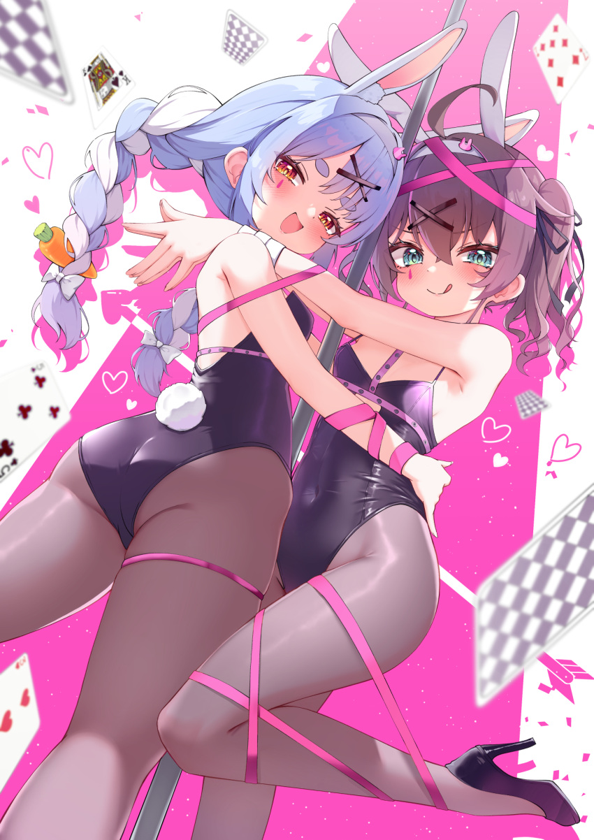2girls :q animal_ear_fluff animal_ears aqua_eyes bare_shoulders black_footwear black_leotard blue_hair blush bow braid breasts brown_hair brown_pantyhose card carrot_hair_ornament closed_mouth commentary_request fake_animal_ears food-themed_hair_ornament hair_between_eyes hair_bow hair_ornament heart high_heels highleg highleg_leotard highres hololive leg_up leotard long_hair looking_at_viewer multicolored_hair multiple_girls natsuiro_matsuri open_mouth orange_eyes pantyhose pink_ribbon playboy_bunny playing_card pole rabbit-shaped_pupils rabbit_ears rabbit_girl rabbit_hair_ornament rabbit_hole_(vocaloid) rabbit_tail ribbon short_eyebrows short_hair small_breasts smile standing standing_on_one_leg streaked_hair stripper_pole symbol-shaped_pupils tail teardrop_facial_mark thick_eyebrows tongue tongue_out twin_braids twintails two-tone_hair usada_pekora virtual_youtuber white_bow white_hair x_hair_ornament yoshie_eneko