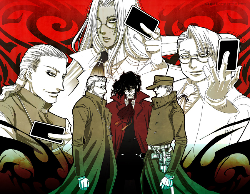 1girl 5boys alexander_anderson alucard_(hellsing) ascot captain_(hellsing) card coat cross dark-skinned_female dark_skin enrico_maxwell facial_hair glasses gloves goatee gun hair_tubes hat hellsing holding holding_card holstered integra_hellsing jewelry long_coat long_hair low_ponytail major_(hellsing) medium_hair multiple_boys necklace opaque_glasses partially_colored partially_opaque_glasses pendant ponytail red_coat serious smile toshimichi_yukari weapon