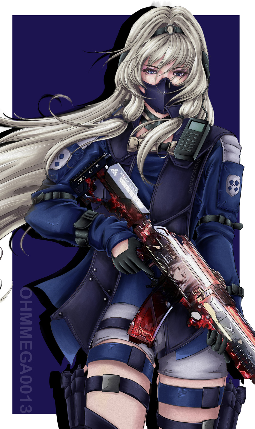 1girl absurdres an-94 an-94_(girls'_frontline) an-94_(girls'_frontline)_(cosplay) aqua_eyes artist_name artist_request assault_rifle blue_eyes call_of_duty call_of_duty:_mobile cosplay girls'_frontline gloves grey_hair gun hairband highres jacket long_hair looking_at_viewer mask rifle scylla_(call_of_duty:_mobile) simple_background solo tagme weapon white_hair