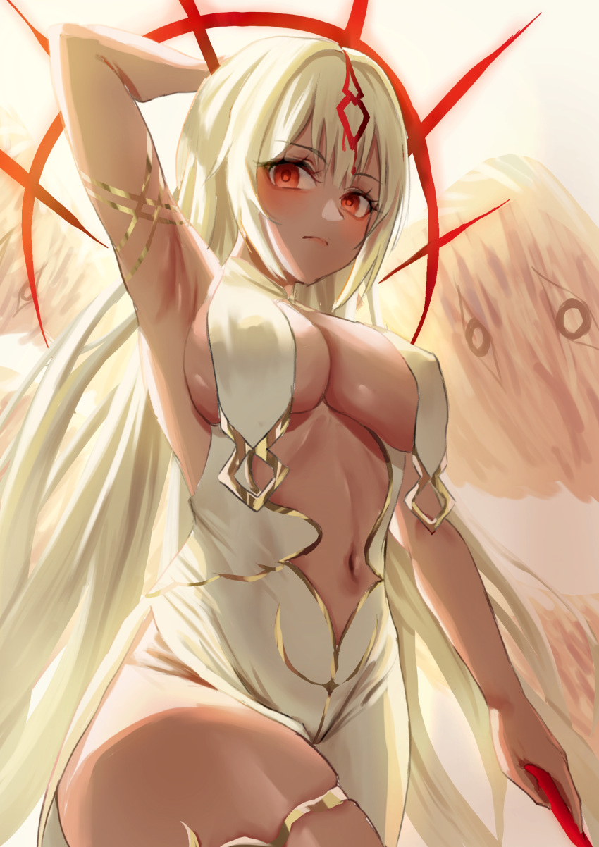 1girl absurdres angel_wings arm_up armpits azur_lane breast_curtains breasts center_opening cowboy_shot dark-skinned_female dark_skin dress english_commentary feathered_wings hair_between_eyes highres holding large_breasts large_wings long_hair looking_at_viewer navel red_eyes sao_martinho_(azur_lane) saure_teigtasche side_slit solo very_long_hair white_dress white_hair white_wings wings