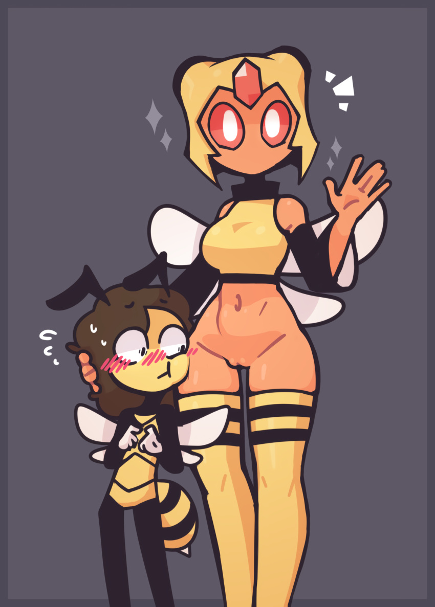 anthro arthropod bee bottomless casual_exposure clothed clothing duo embarrassed female hi_res hymenopteran insect lin_(nekuzx) looking_at_genitalia looking_at_pussy male nekuzx nintendo pok&eacute;mon pok&eacute;mon_(species) size_difference vespiquen video_games
