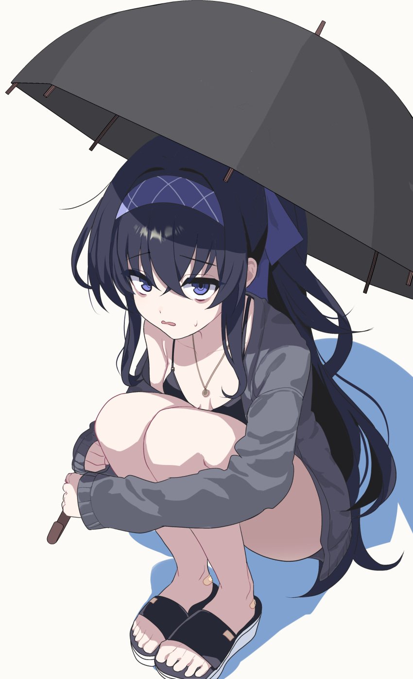 1girl absurdres ass bandaid bikini black_bikini black_hair blue_archive breasts collarbone full_body grey_jacket hair_between_eyes headband highres holding holding_umbrella jacket jewelry long_hair long_sleeves maria_(syake-uni) official_alternate_costume open_clothes open_jacket open_mouth pendant purple_eyes purple_headband sandals simple_background small_breasts solo squatting swimsuit toes ui_(blue_archive) ui_(swimsuit)_(blue_archive) umbrella white_background