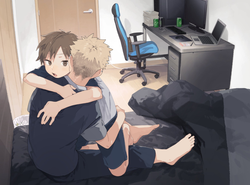 2boys 50off barefoot bed bedroom black_eyes black_hair blonde_hair can chair computer desk door feet gaming_chair highres hug laptop male_focus manga_(object) monitor multiple_boys on_bed on_lap open_mouth original pants shirt short_sleeves shorts sitting spike_piercing straddling swivel_chair toes trash_can upright_straddle yaoi