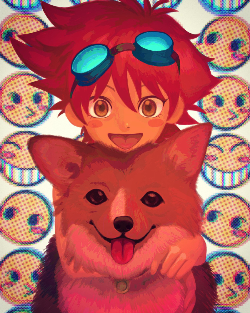 1girl :d androgynous animal_collar animal_hug blush_stickers brown_dog brown_eyes collar commentary cowboy_bebop dark-skinned_female dark_skin dog edward_wong_hau_pepelu_tivrusky_iv ein_(cowboy_bebop) emoticon goggles goggles_on_head hair_between_eyes highres izuru_0123 open_mouth red_hair short_hair smile smiley_face solo tongue tongue_out welsh_corgi white_background