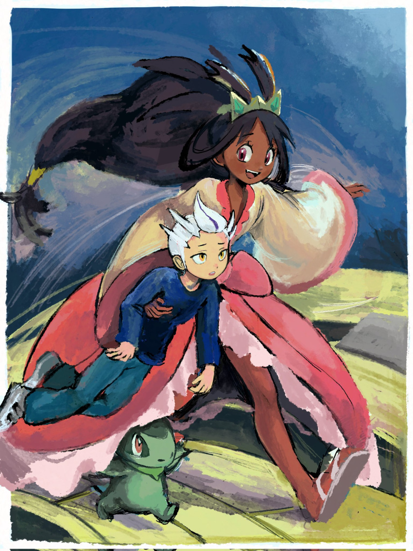 1boy 1girl aged_down axew black_hair blue_pants blue_sky border colored_skin commentary_request dark-skinned_female dark_skin denim drayton_(pokemon) dress green_skin highres iris_(pokemon) jeans korean_commentary long_hair low-tied_long_hair multicolored_hair open_mouth outside_border pants pink_dress pokemon pokemon_(creature) pokemon_bw2 pokemon_sv purple_hair red_eyes running shoes sky smile streaked_hair teeth tiara two-tone_hair upper_teeth_only white_border white_footwear white_hair wide_sleeves wrozzii yellow_eyes