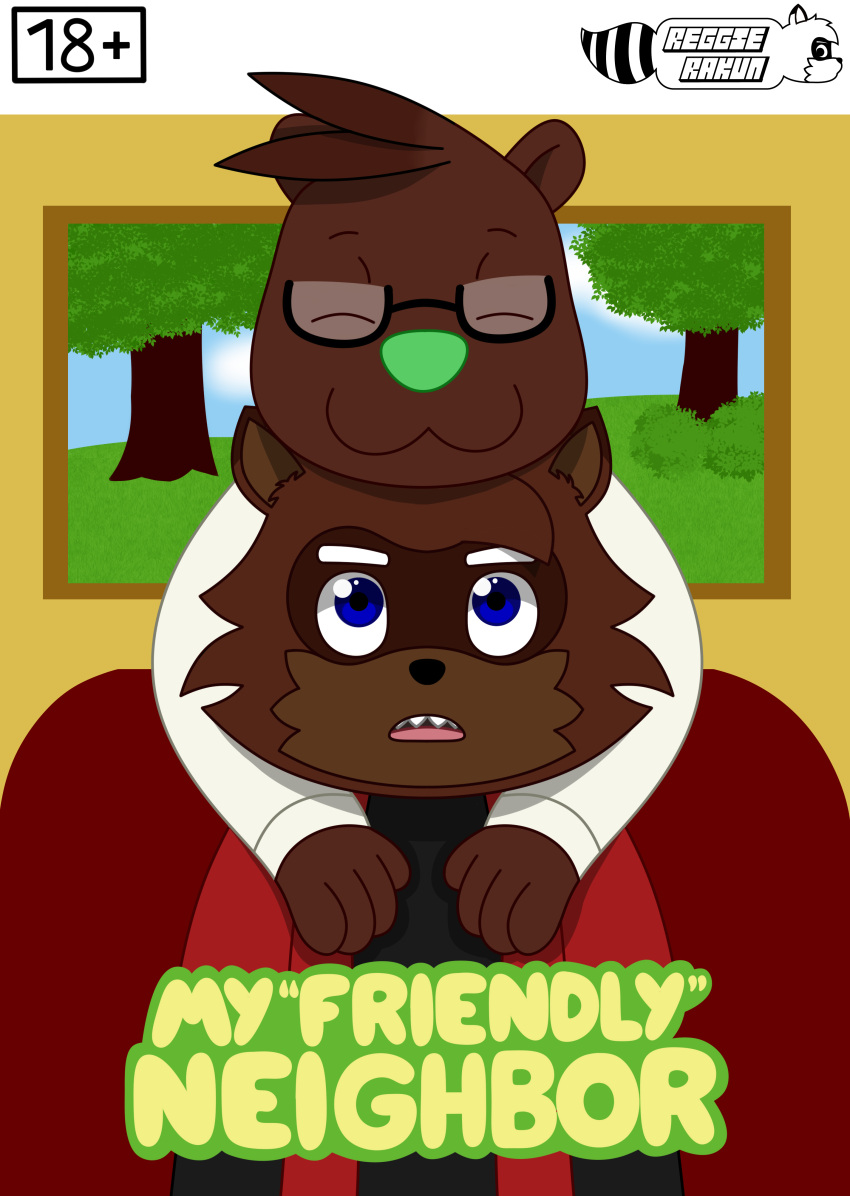 2024 absurd_res anthro behind_another cel_shading cover cover_art cover_page duo eyewear glasses green_nose hi_res james_otis_smith male mammal mustelid otter photo plant procyonid raccoon reggie_rakun reggie_rakun_(character) shaded tree