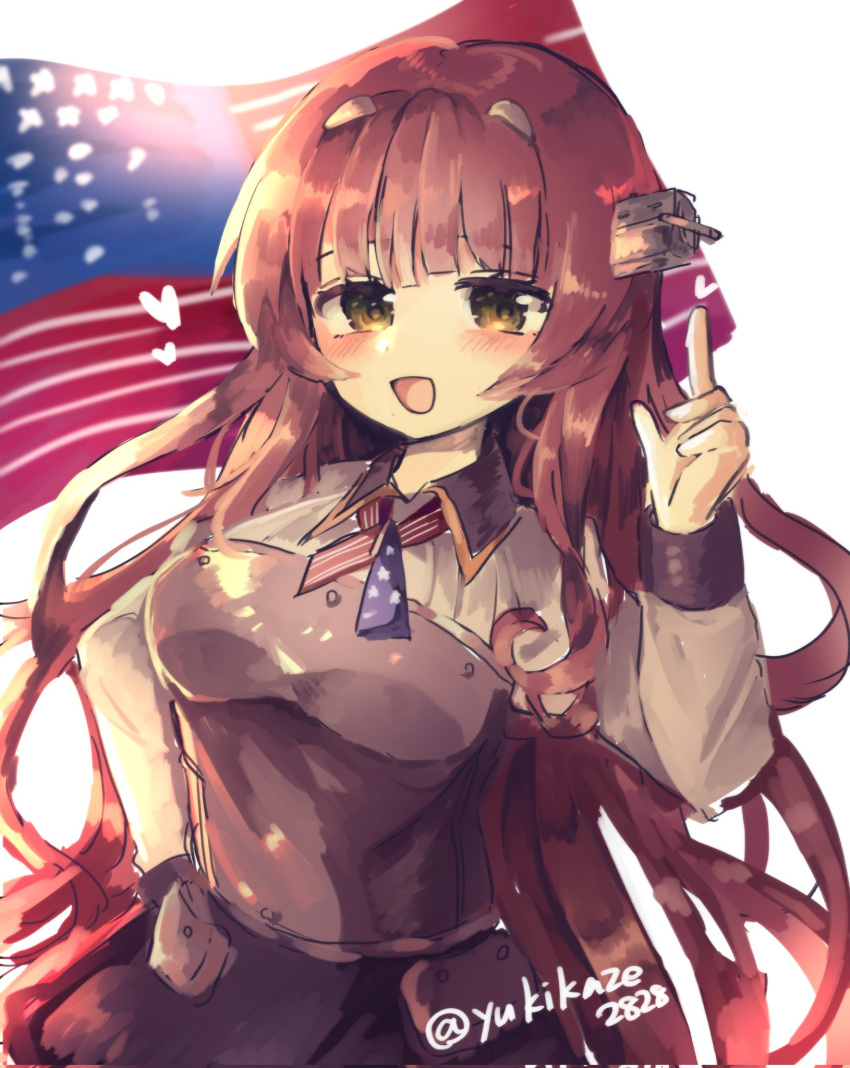 1girl american_flag black_skirt blunt_bangs blush breasts brown_hair collared_shirt corrupted_twitter_file green_eyes headgear heart helena_(kancolle) highres kantai_collection long_hair long_sleeves looking_at_viewer medium_breasts multicolored_hair one-hour_drawing_challenge open_mouth red_hair shirt simple_background skirt solo twitter_username very_long_hair white_background yukikaze2828