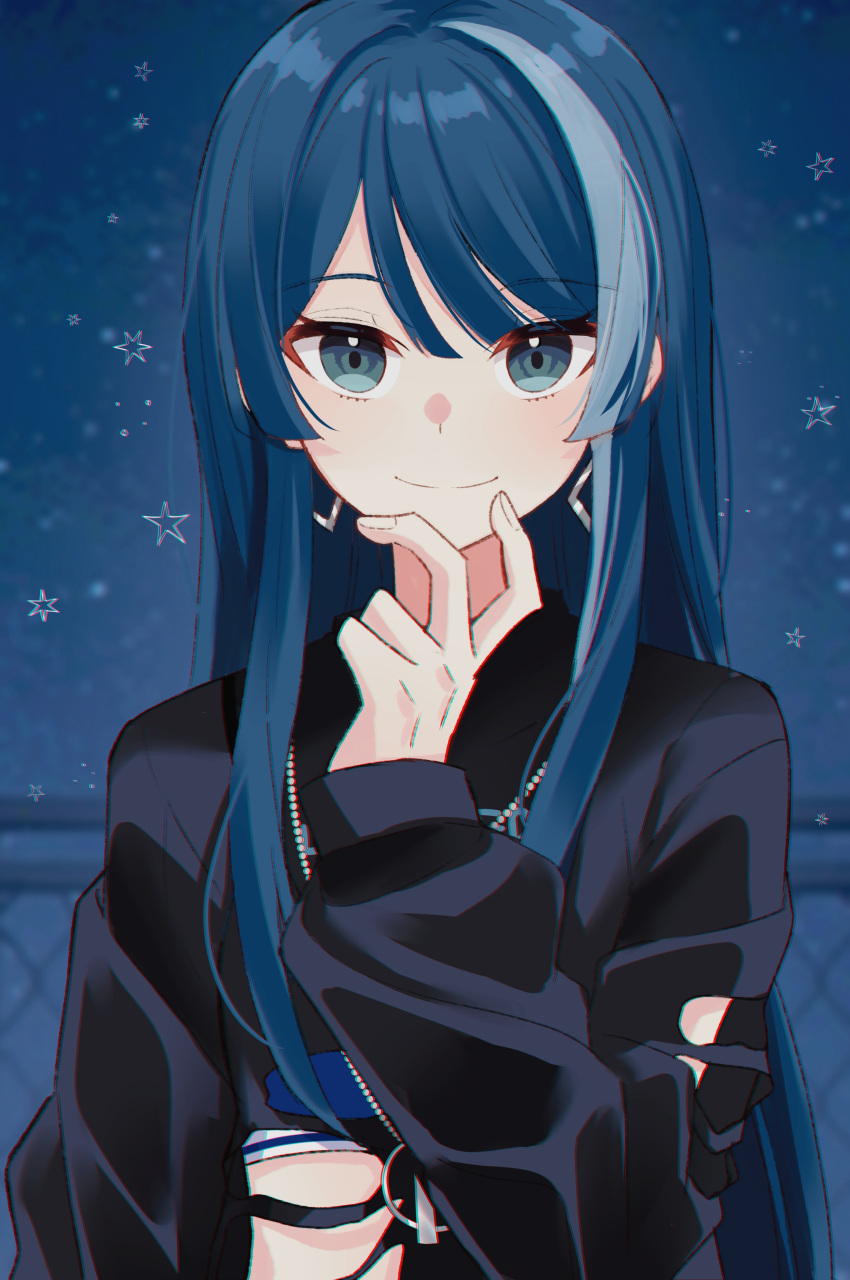 1girl absurdres arm_at_side black_jacket blue_eyes blue_hair blush chromatic_aberration closed_mouth cropped_jacket hair_between_eyes hand_up highres hoshino_ichika_(project_sekai) jacket long_hair looking_at_viewer midriff multicolored_hair night outdoors project_sekai railing ritzchrono sidelocks smile solo star_(sky) straight-on straight_hair streaked_hair upper_body v_over_mouth white_hair