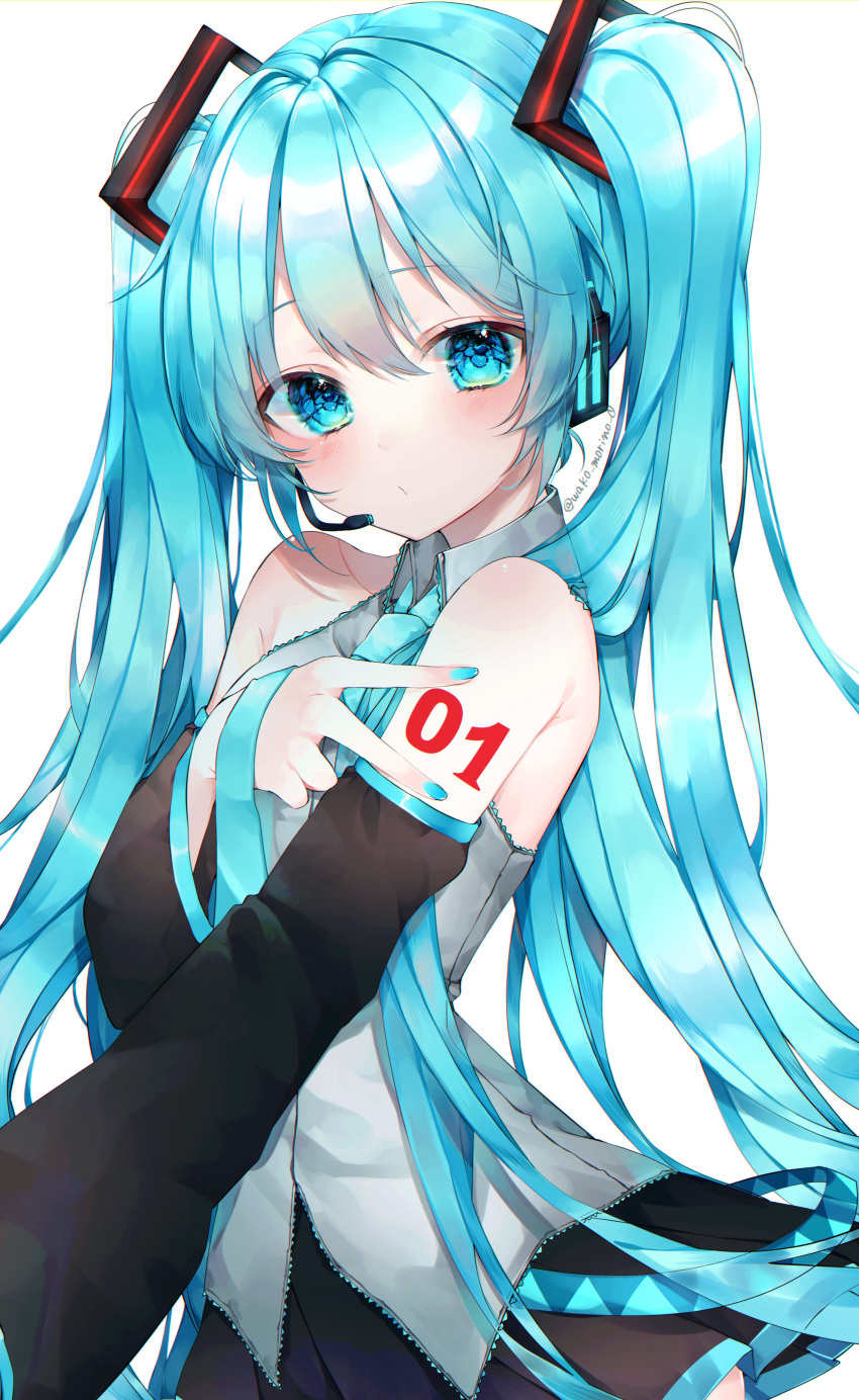 1girl 39 absurdres artist_name bangs bare_shoulders black_skirt blue_eyes blue_hair blue_nails blue_necktie blush breasts closed_mouth commentary_request detached_sleeves eyebrows_visible_through_hair eyes_visible_through_hair fingernails grey_shirt hair_between_eyes hair_ornament hand_up hatsune_miku headphones highres long_fingernails long_hair long_sleeves looking_at_viewer medium_breasts microphone nail_polish necktie shirt simple_background skirt sleeveless sleeveless_shirt solo standing twintails v vocaloid wako_morino white_background wide_sleeves