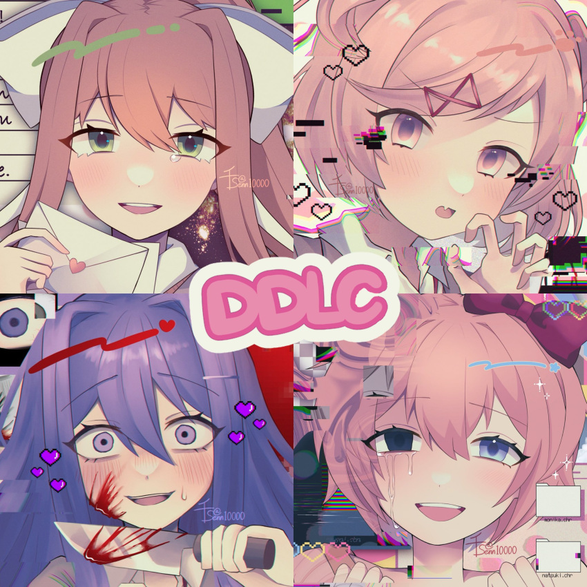 4girls blood blood_on_face blood_on_knife blue_eyes blush brown_hair crying crying_with_eyes_open doki_doki_literature_club empty_eyes fang glitch green_eyes hair_intakes hair_ornament hair_ribbon heart highres holding holding_knife holding_letter kitchen_knife knife letter long_hair love_letter monika_(doki_doki_literature_club) multiple_girls natsuki_(doki_doki_literature_club) open_mouth pink_eyes pink_hair purple_eyes purple_hair ribbon sayori_(doki_doki_literature_club) school_uniform senn10000 short_hair short_twintails skin_fang streaming_tears sweat sweatdrop tears twintails twitter_username uniform white_ribbon yuri_(doki_doki_literature_club)