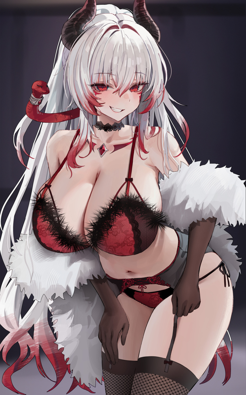 1girl absurdres bare_shoulders black_choker black_garter_belt black_garter_straps black_gloves black_horns bra breasts choker cleavage commission demon_girl demon_horns elbow_gloves feather_boa fishnet_thighhighs fishnets fur-trimmed_bra fur_trim garter_belt garter_straps gloves gompang_11 grin highres horns korean_commentary lace lace_choker large_breasts looking_at_viewer multicolored_hair original panties red_bra red_eyes red_hair red_panties side-tie_panties smile solo streaked_hair thighhighs underwear white_hair