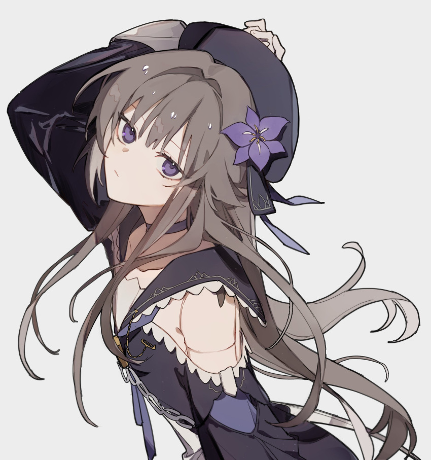 1girl arm_up beret brown_hair chain choker closed_mouth clothing_cutout commentary doll_joints ellygretta expressionless flower grey_background hair_intakes hashtag_only_commentary hat hat_flower herta_(honkai:_star_rail) highres honkai:_star_rail honkai_(series) joints long_hair long_sleeves looking_at_viewer purple_choker purple_eyes purple_flower purple_headwear purple_shirt shirt shoulder_cutout simple_background solo upper_body