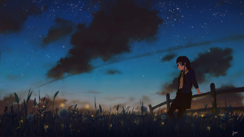 1girl absurdres arm_support black_hair black_pantyhose black_skirt blunt_bangs cloud da_tengzi evening fence grass highres idolmaster idolmaster_million_live! long_hair long_sleeves mogami_shizuka night night_sky outdoors pantyhose scenery shirt signature sitting skirt sky solo star_(sky) starry_sky sunset twilight