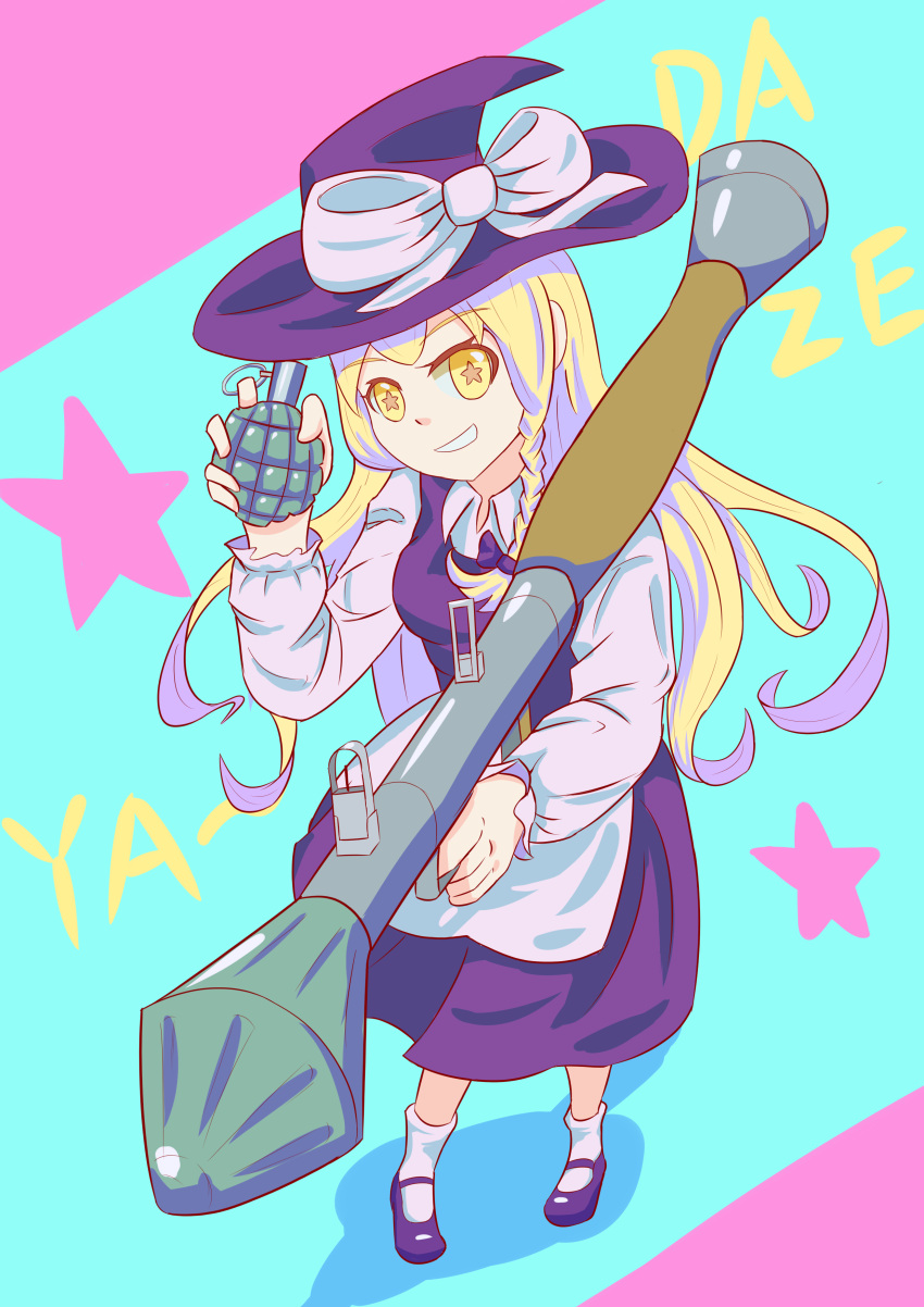 1girl absurdres apron black_bow black_footwear black_headwear blonde_hair bow braid chinese_commentary collared_shirt commentary commentary_request explosive fang_wenshan full_body grenade grin hair_bow hat hat_bow highres holding holding_grenade holding_rocket_launcher holding_weapon kirisame_marisa long_hair long_sleeves mary_janes rocket_launcher rpg_(weapon) shirt shoes single_braid smile socks solo star-shaped_pupils star_(symbol) symbol-shaped_pupils touhou weapon white_apron white_bow white_shirt white_socks witch_hat yellow_eyes