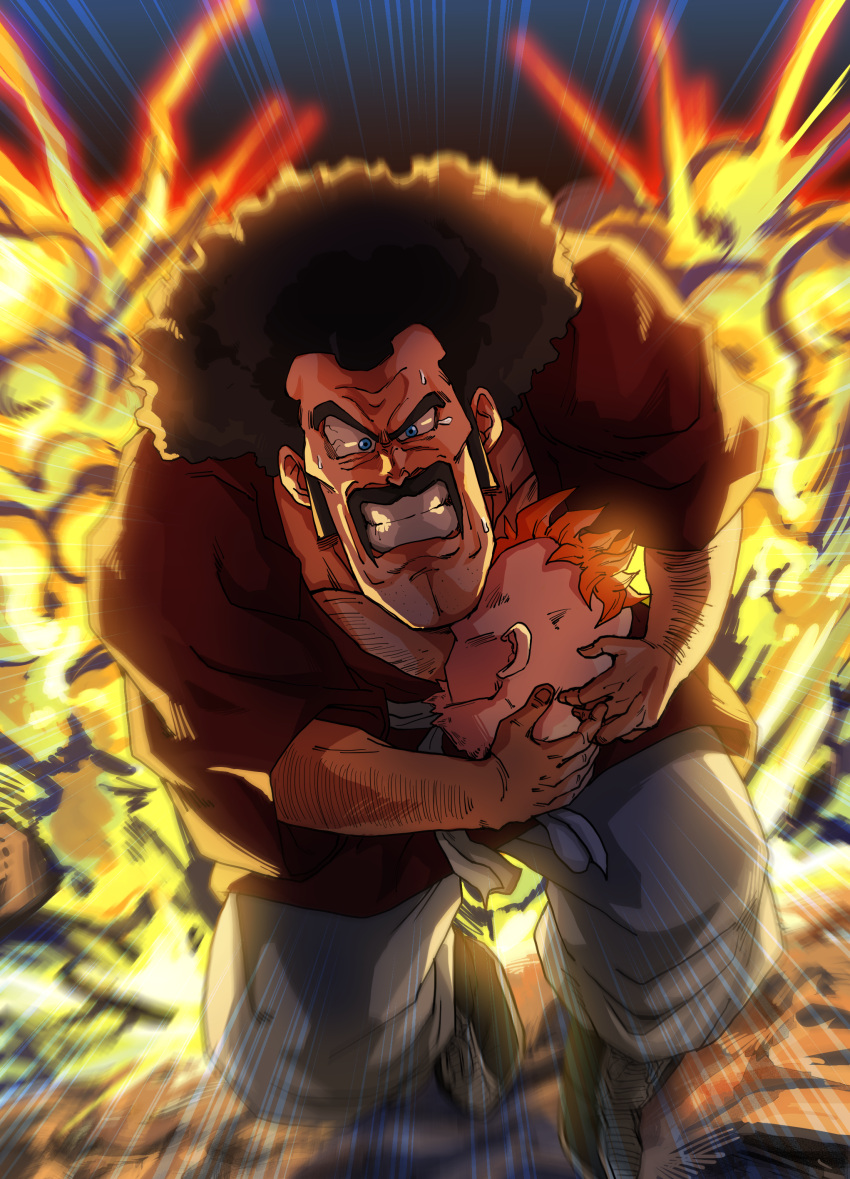 2boys absurdres afro android_16 arm_hair black_hair blue_eyes cleft_chin clenched_teeth dragon_ball explosion facial_hair grey_pants highres kouji08250 male_focus mr._satan multiple_boys muscular muscular_male mustache orange_hair outdoors pants severed_head sideburns stubble sweat teeth