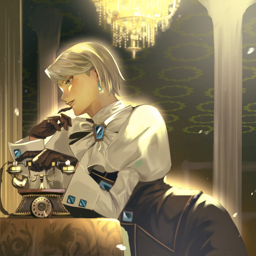 1girl ace_attorney blue_eyes brooch chandelier earrings finger_to_mouth franziska_von_karma gloves gzle02 highres indoors jewelry mole mole_under_eye parted_lips phone short_hair solo very_short_hair white_hair
