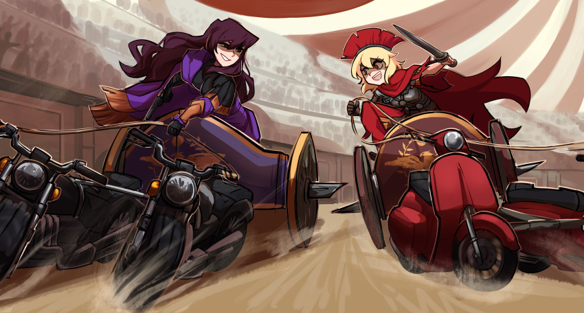 2girls absurdres armor black_gloves blonde_hair cape centurii-chan centurii-chan_(artist) chariot cloak eyes_in_shadow gloves hair_between_eyes highres holding holding_reins holding_sword holding_weapon long_hair moped motor_vehicle motorcycle multiple_girls open_mouth original plume praetorian_(centurii-chan) purple_cloak purple_eyes purple_hair red_cape red_eyes reins roman_armor smile stadium sword teeth upper_teeth_only weapon