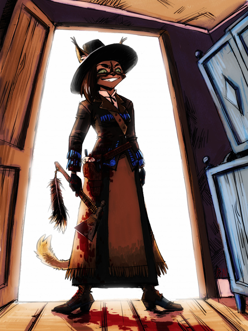 2023 3:4 anthro axe beatrix_foljambe belt biped blood blood_on_weapon blood_splatter bodily_fluids boots bottomwear clothed clothing cowboy door doorway ear_tuft eyebrows feathers felid feline female footwear full-length_portrait fully_clothed furniture green_eyes grin gun hat headgear headwear hi_res high_heeled_boots high_heels holding_axe holding_melee_weapon holding_object holding_weapon holster in_doorway inner_ear_fluff jacket leather leather_clothing leather_jacket leather_topwear mammal melee_weapon planks portrait ranged_weapon russianbluenx01 skirt smile solo tail teeth toothy_grin topwear tuft weapon western_bowtie