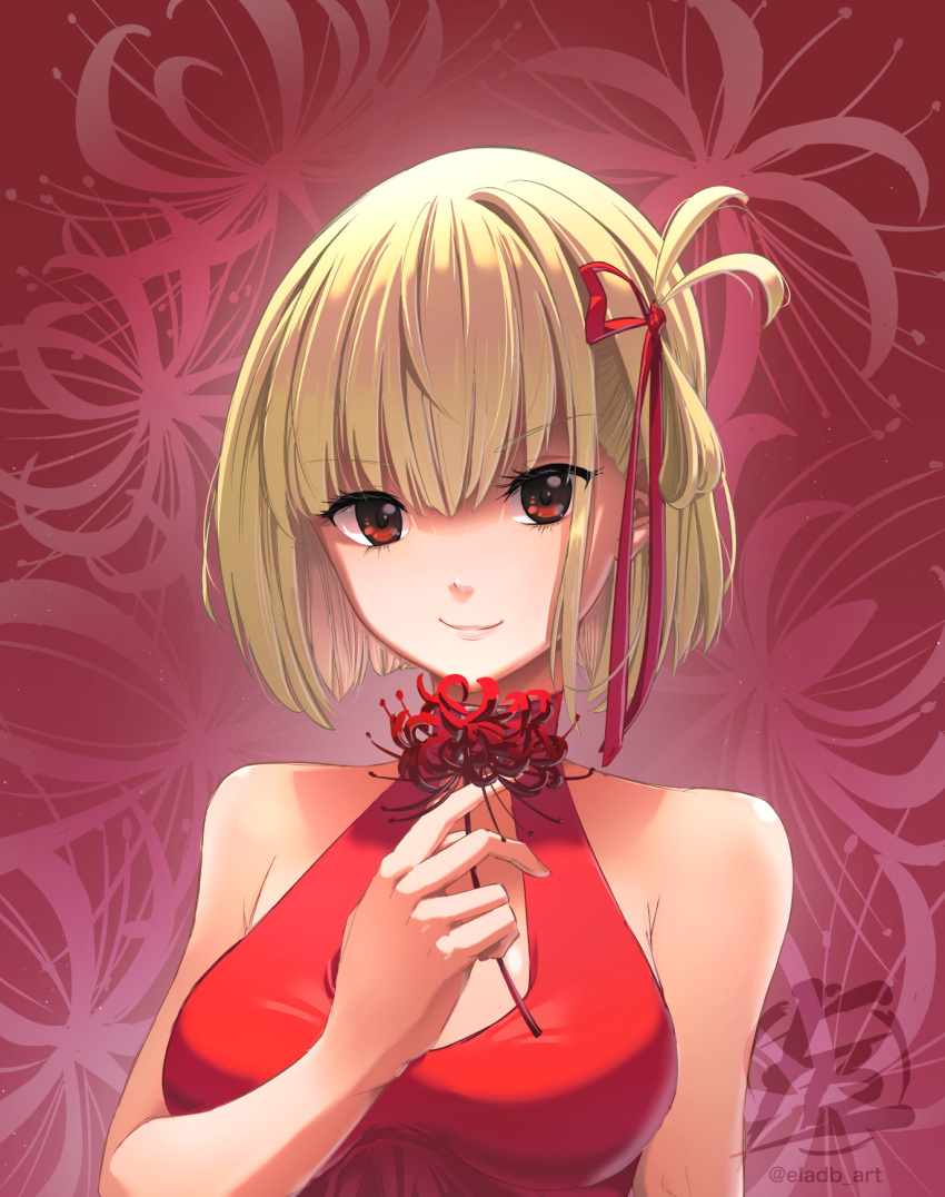 1girl artist_logo bare_shoulders blonde_hair breasts closed_mouth dress eladb_art floral_background flower hair_ribbon highres holding holding_flower large_breasts looking_at_viewer lycoris_recoil nishikigi_chisato red_dress red_eyes red_ribbon red_spider_lily ribbon short_hair sleeveless sleeveless_dress smile spider_lily upper_body