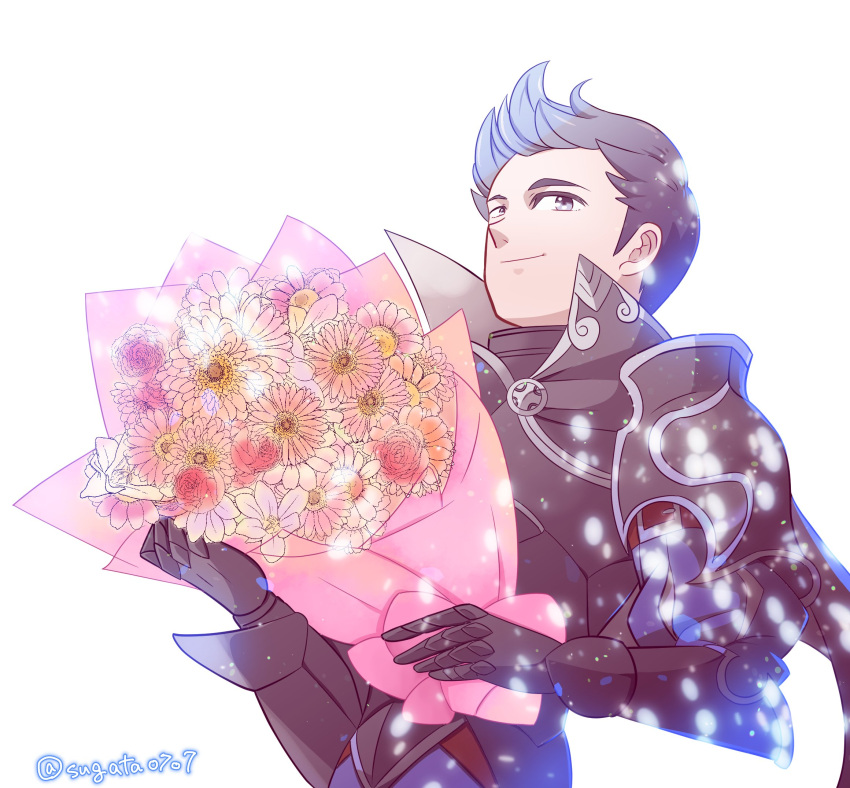 1boy armor bouquet collared_cape fire_emblem fire_emblem_fates green_eyes grey_hair highres holding holding_bouquet male_focus quiff shoulder_armor silas_(fire_emblem) sugata_ubo twitter_username white_background