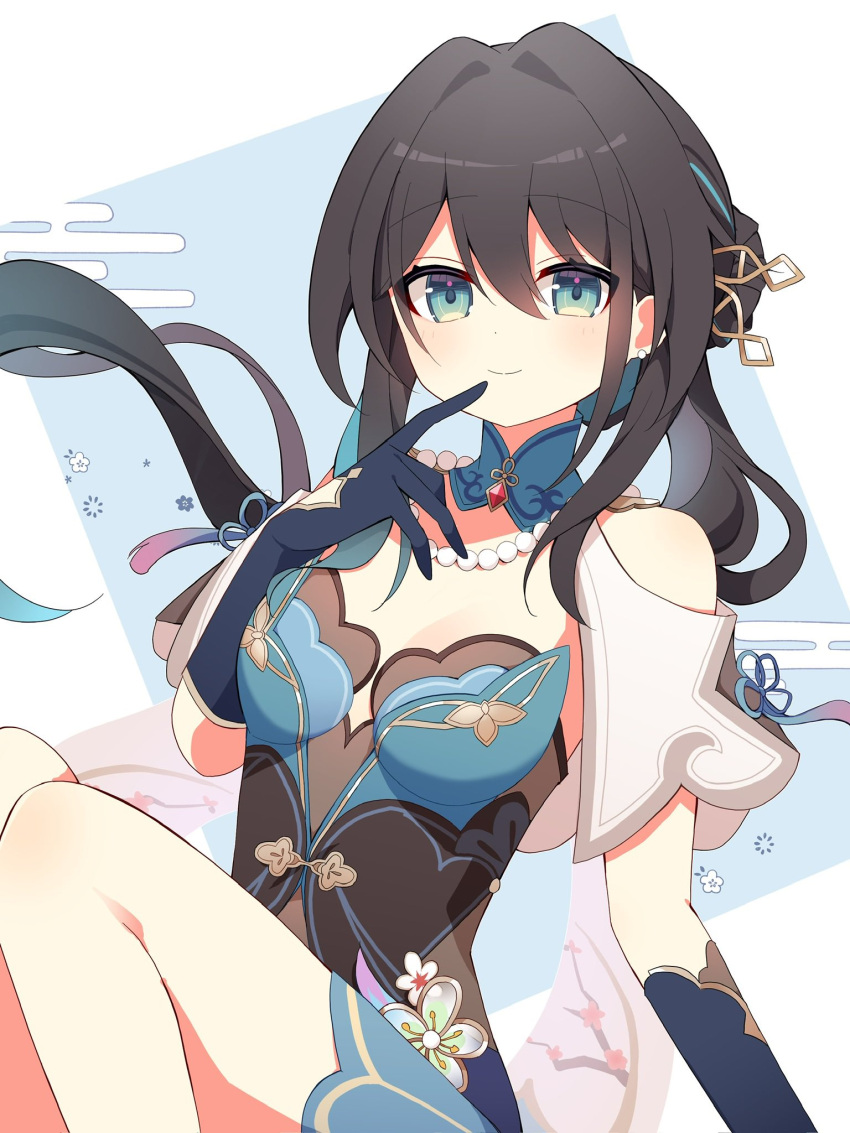 1girl bare_shoulders blue_background blue_dress blue_eyes blue_gloves breasts breasts_apart brown_hair closed_mouth detached_sleeves dot_nose dress egasumi elbow_gloves feet_out_of_frame finger_to_mouth gloves hair_between_eyes hair_bun hair_intakes highres honkai:_star_rail honkai_(series) jewelry knees_up legs_together looking_at_viewer low_ponytail medium_breasts necklace pearl_necklace ruan_mei_(honkai:_star_rail) short_sleeves sidelocks simple_background single_side_bun sitting smile solo strapless strapless_dress two-tone_background uwasewau white_background white_sleeves