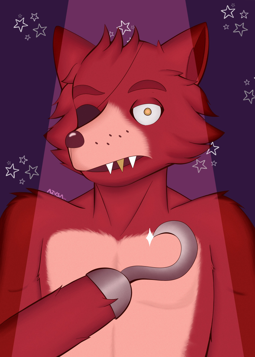 2024 absurd_res animatronic anthro azusagp canid canine digital_media_(artwork) eye_patch eyewear five_nights_at_freddy's fox foxy_(fnaf) fur hi_res hook machine male mammal red_body red_fur robot scottgames simple_background solo stage_lights