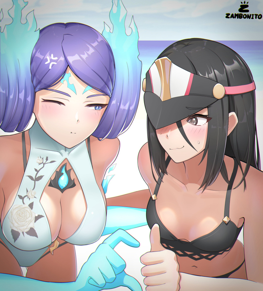 absurdres artist_name bare_shoulders bikini black_hair blue_fire blush breasts brighid_(water_lily)_(xenoblade) brighid_(xenoblade) cleavage closed_mouth english_commentary fire hair_between_eyes heart_hands_failure highres large_breasts long_bangs long_hair looking_at_another morag_ladair_(obligatory_leave)_(xenoblade) morag_ladair_(xenoblade) navel one-piece_swimsuit one_eye_closed pout purple_hair small_breasts sweatdrop swimsuit thumbs_up visor_cap white_one-piece_swimsuit xenoblade_chronicles_(series) xenoblade_chronicles_2 zambonito