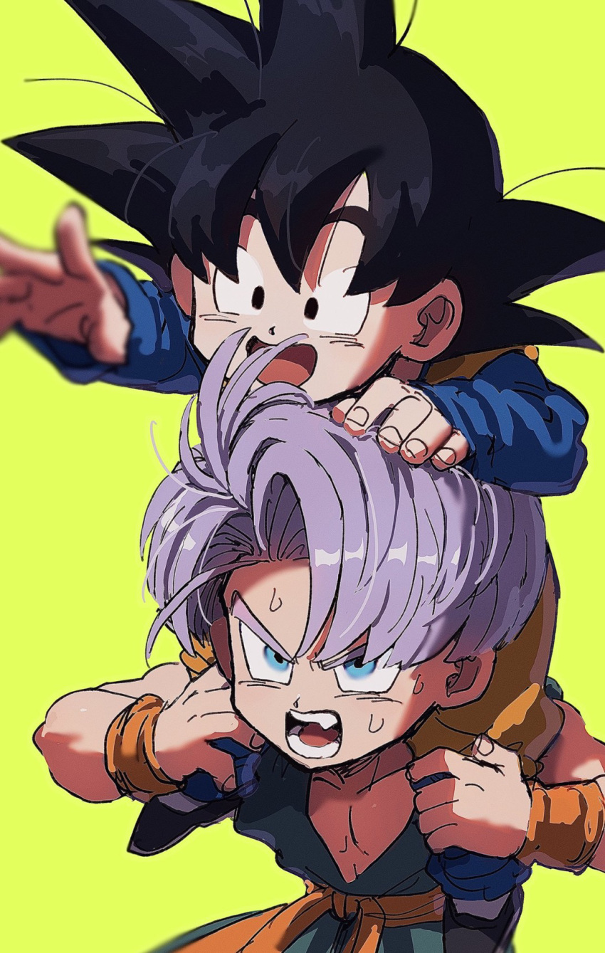 black_eyes black_hair blonde_hair blue_eyes blue_shirt blurry blurry_foreground carrying dragon_ball dragon_ball_z green_shirt highres kometubu0712 long_sleeves open_mouth orange_shirt purple_hair shirt shoulder_carry simple_background sleeveless sleeveless_shirt smile son_goten spiked_hair trunks_(dragon_ball)