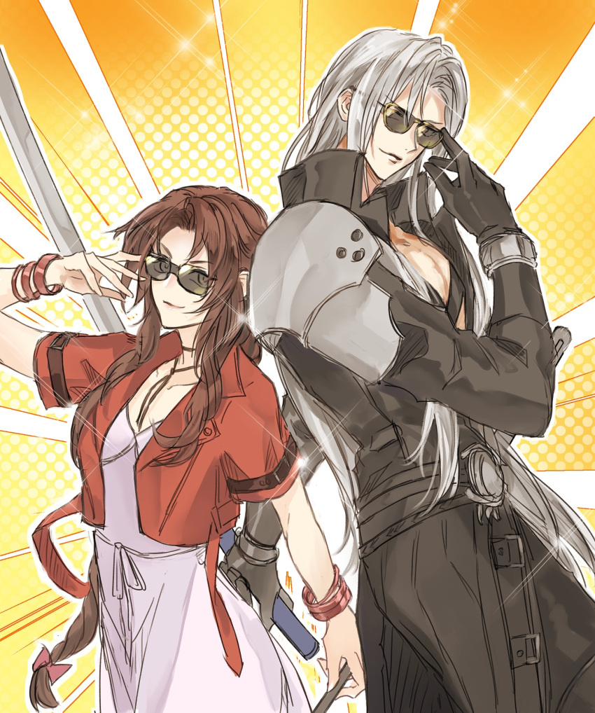 1boy 1girl adjusting_eyewear advent-lezard aerith_gainsborough armor back-to-back bangle black_coat bracelet breasts brown_hair chest_strap choker closed_mouth coat cropped_jacket dress final_fantasy final_fantasy_vii final_fantasy_vii_rebirth final_fantasy_vii_remake grey_hair highres holding holding_staff holding_sword holding_weapon jacket jewelry long_coat long_dress long_hair looking_at_viewer masamune_(ff7) medium_breasts orange_background parted_bangs pink_dress red_jacket ribbon_choker sephiroth short_sleeves shoulder_armor sidelocks smile staff sunglasses sword weapon weapon_behind_back