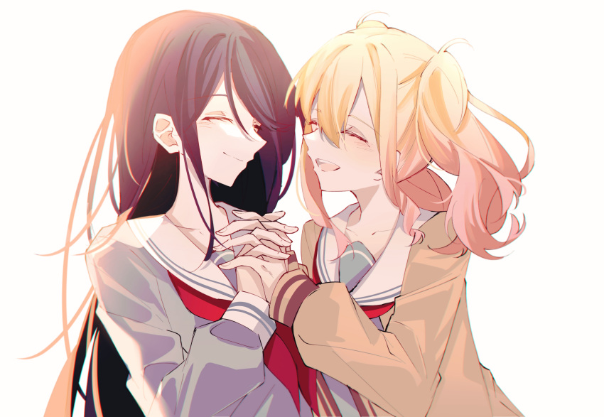 2girls :d absurdres black_hair brown_cardigan cardigan closed_eyes closed_mouth collarbone face-to-face facing_another from_side gradient_hair grey_shirt highres holding_hands hoshino_ichika_(project_sekai) interlocked_fingers long_hair long_sleeves miyamasuzaka_girls'_academy_school_uniform multicolored_hair multiple_girls neckerchief open_cardigan open_clothes open_mouth orange_hair pink_hair project_sekai red_neckerchief ritzchrono sailor_collar school_uniform shirt sidelocks simple_background smile straight_hair teeth tenma_saki twintails upper_body upper_teeth_only white_background white_sailor_collar yuri